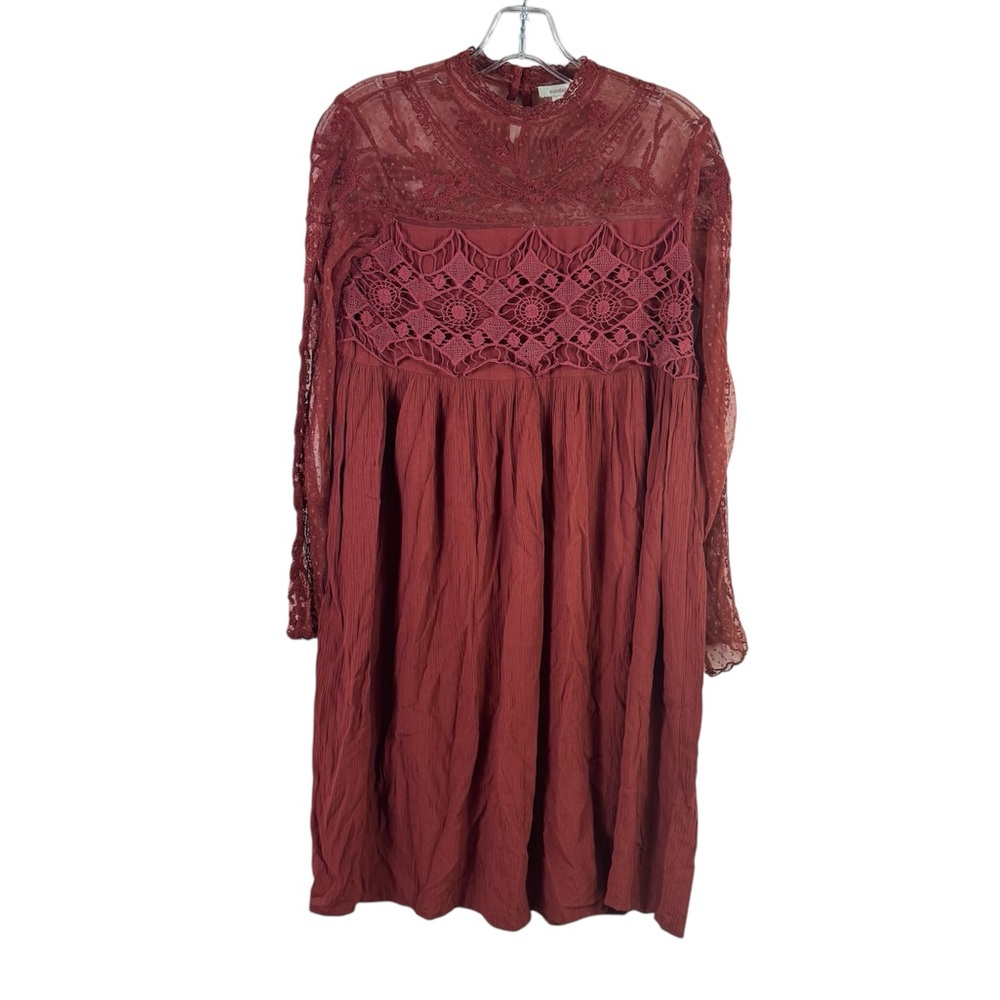 SUNDANCE womens size 2 terracotta red lace trim long sleeve high neck dress